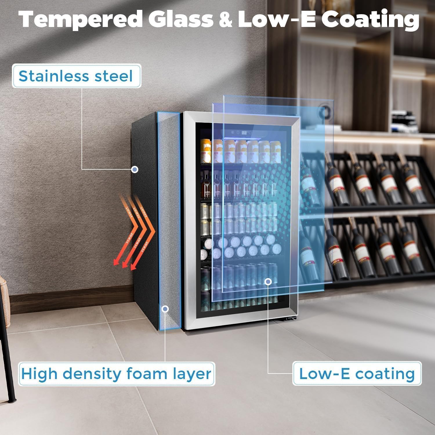 Wine & Beverage Mini Fridge 90 L glass door cooler, image 6